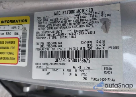 2013 Ford Fusion Se from USA, damaged, VIN 3FA6P0H75DR168672